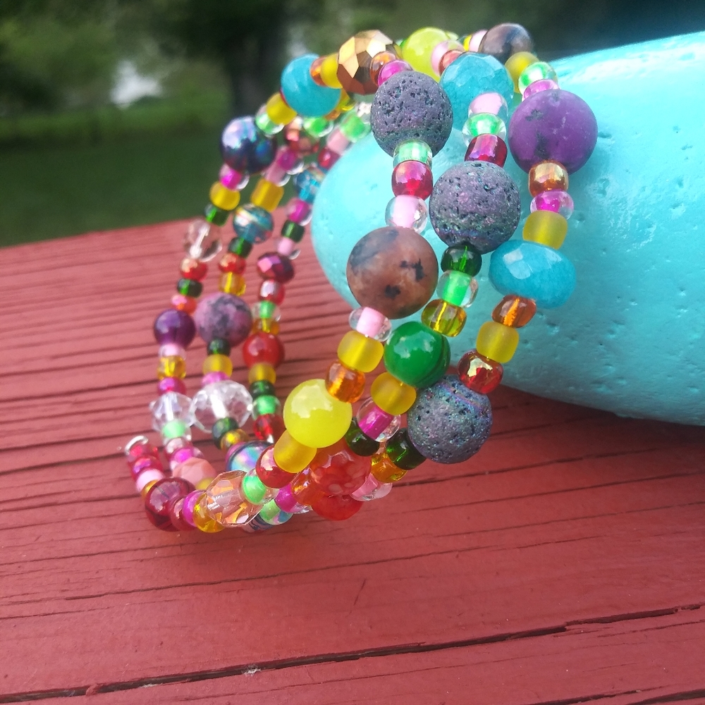 NEW Opal Crystals Jasper Lava Stone Glass Beads Beaded Bracelet Handmade